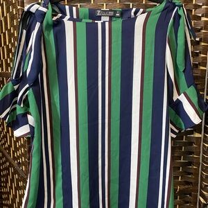 New York & Company Green Navy White Striped Cold-Shoulder Blouse